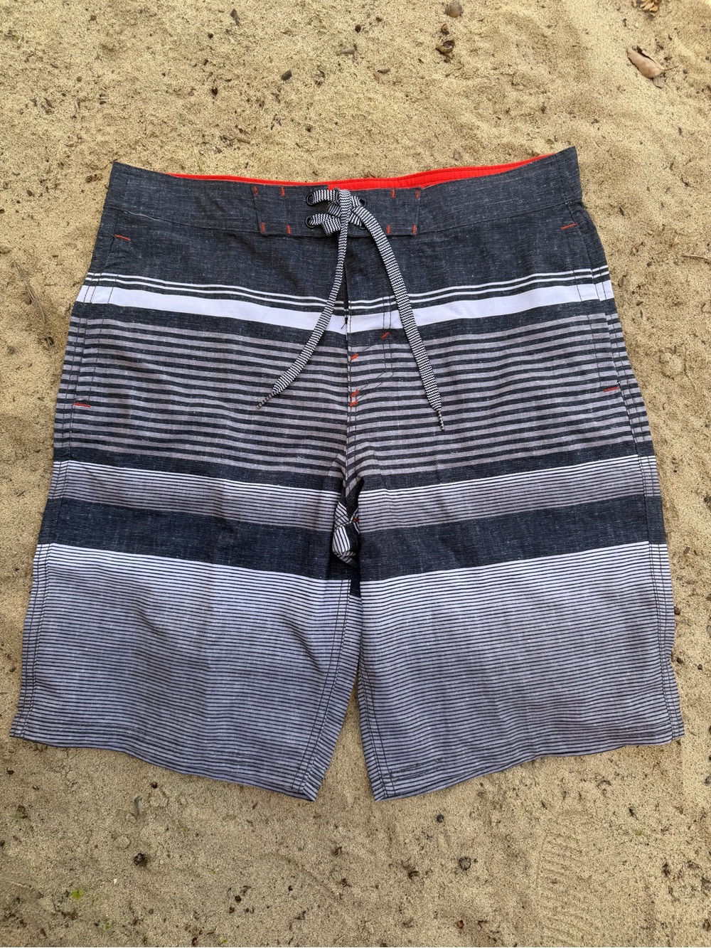 Mossimo Supply Co. Men's Gray and White Striped Board Shorts with Red Stitching